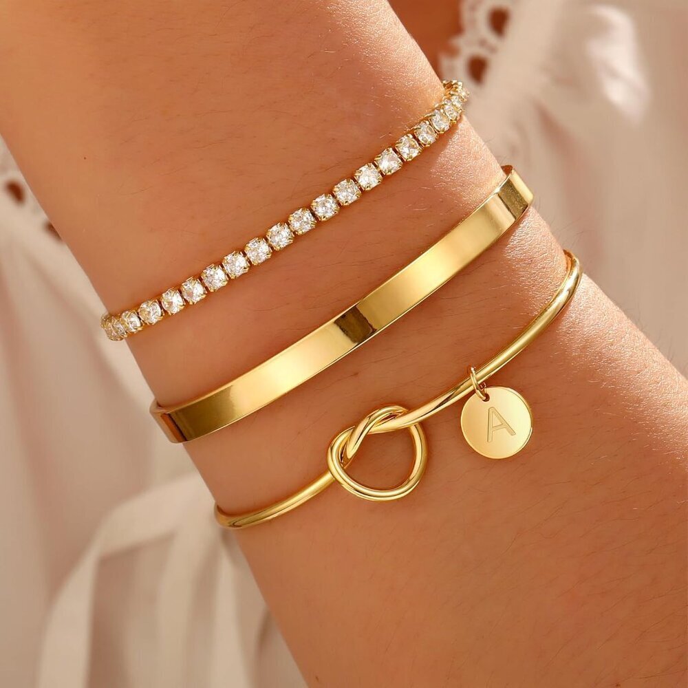Gold Bracelets Set 3pc Stackable Cuff Tennis Init… - image 2